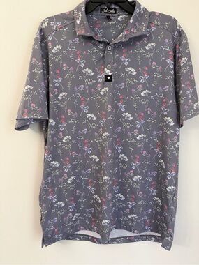 Bad Birdie Polo Mens L Purple Floral Print Performance Stretch Shirt Golf Preppy